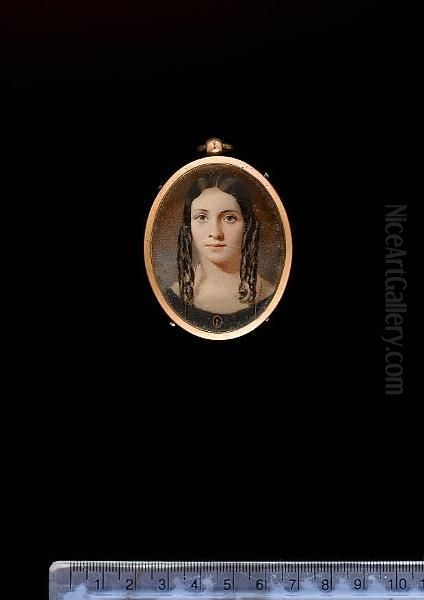 A Young Girl, Wearing Dark Grey Dress With Portrait Miniature Pinned To Front And Gold Necklace, Her Brown Hair Dressed In Ringlets. - view 1