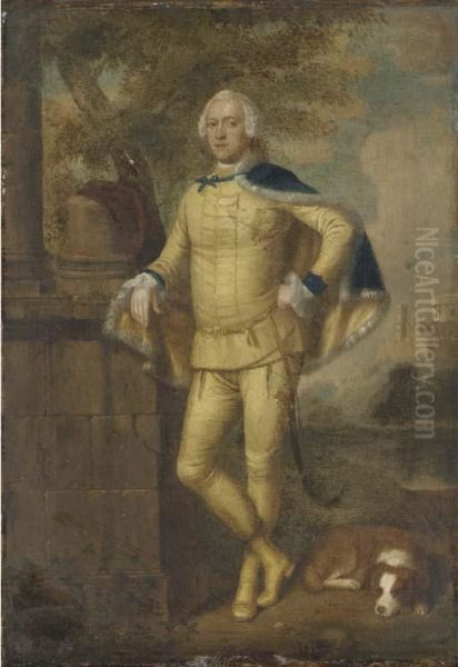 Portrait Of John Manners, Marquis Of Granby, In Masquerade Hussar'scostume, With A Spaniel At His Side, By A Column In A Landscapewith Belvoir Castle Beyond - view 1