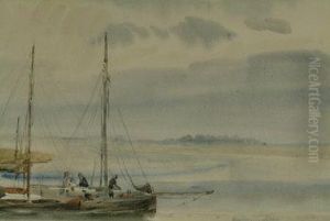 River Estuary With Figures On The Deck Of A Sailing Boat by Alfred Hayward