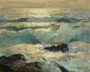 Gleaming Pacific
, Opalescent Seascape, Signed Lower Right: Frank H. Myers, Oil On Canvasboard, 16x20, Est:$3000/5000. Provenance: Private Collection, Orange County, Ca