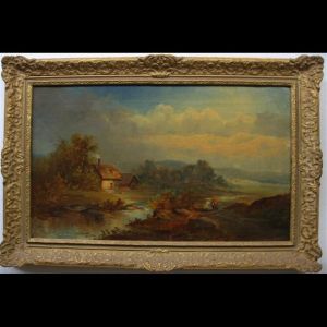Figures By Cottage Across From River
