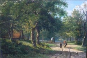 Figures Traveling On A Forest Road by Arend Cornelis Hazeu