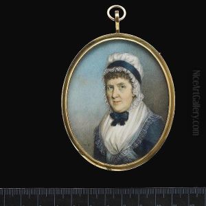 A Lady, Wearing Blue Dress With Lace Edging, White Fichu, White Indoor Bonnet With Lace Trim, Decorated And Tied With Blue Ribbon Beneath Her Chin. by Thomas Hazlehurst