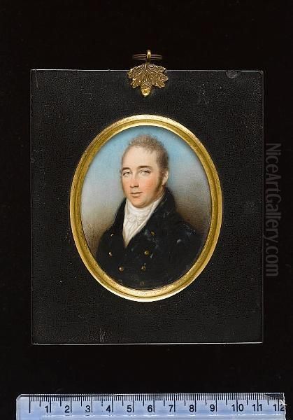 A Gentleman, Wearing Blue Coat, White Waistcoat, Matching Chemise And Tied Cravat. - view 1