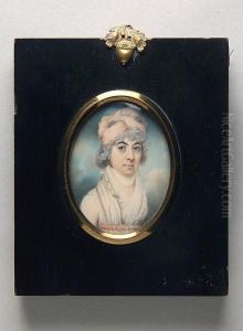 A Lady In White Gown, Her Powdered Hair Dressed With A Pink Bandeau, Against A Sky Background