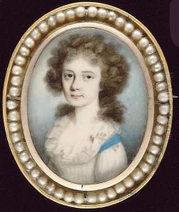 A Young Lady, Wearing White Dress With Frilled Collar And Blue Ribbon Over Her Shoulder, Her Hair Powdered (hairline Crack) by Thomas Hazlehurst