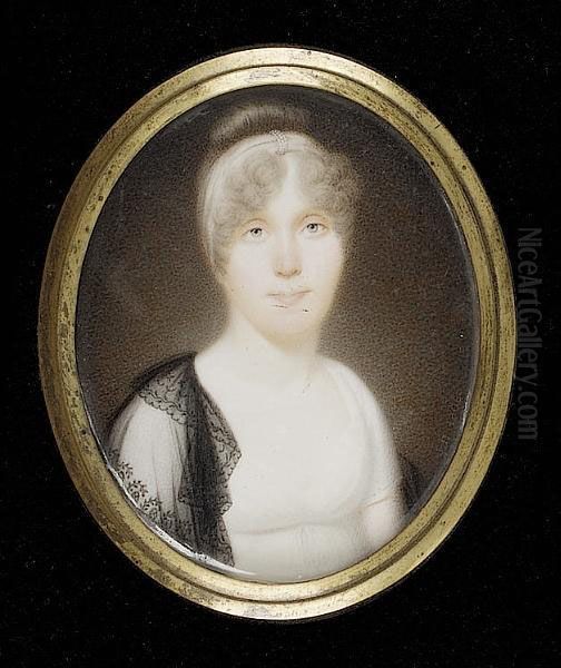 A Pair Of Portraits Of Mr And Mrs Rudd: He, Wearing Black Coat, Frilled White Chemise And Tied Stock; She, Wearing White Dress, Matching Bandeau And Black Lace Shawl - view 1