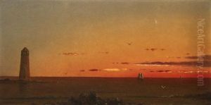Calm Sea At Sunset, Near A Lighthouse by Martin Johnson Heade