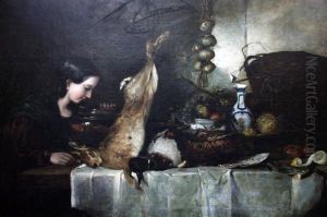 Sarah Heath Seated At A Table With Dead Game, Fruit, Vegetables& Chinese Vase