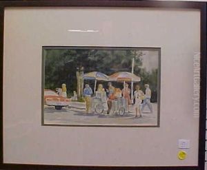 Sunny Scene Of Street Vendors With Umbrella-covered Food Carts by Thomas Heath Robinson