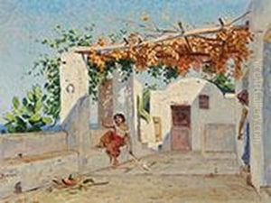 Laubgedeckte Terrasse Eines Hauses Mit Blick Auf Das Meer by Henri Hebert