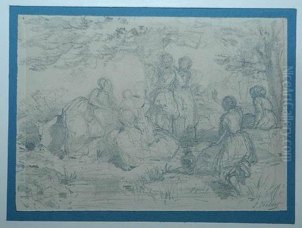 Lot De Deux Dessins: Sainte Famille Pres D'un Ruisseau Et Groupe De Personnages Dans Un Parc - view 1