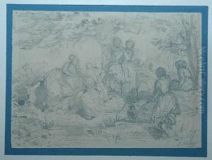 Lot De Deux Dessins: Sainte Famille Pres D'un Ruisseau Et Groupe De Personnages Dans Un Parc by Jules Hebert