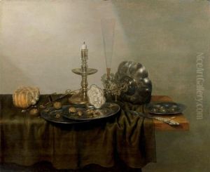 Nature Morte A La Miche De Pain Et Orfevrerie Sur Unentablement by Gerrit Willemsz. Heda