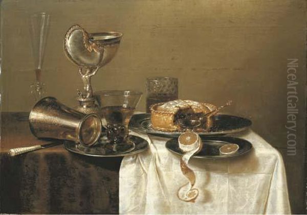 An Overturned Silver Tumbler And A Roemer On A Pewter Plate, A Facon-de-venise Wineglass, A Nautilus Cup, A Pie And A Partly-peeled Lemon On Pewter Plates On A Partly-draped Table - view 1