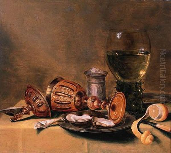 Oysters On A Pewter Plate, An Upturned Cup And Cover, A Roemer Anda Silver Salt On A Draped Table - view 1