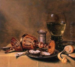 Oysters On A Pewter Plate, An Upturned Cup And Cover, A Roemer Anda Silver Salt On A Draped Table by Gerrit Willemsz. Heda