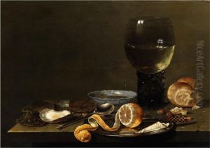 Stilleben Mit Grossem Romerweinglas, Brot, Porzellanschale, Austern, Zitrone Auf Einem Teller Und Einem Fidibus by Willem Claesz. Heda