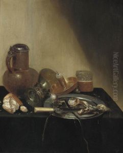 A 'pronk' Still Life, With A Herring On A Pewter Plate, An Earthenware Jug, A Loaf Of Bread, An Upturned Roemer, A Candle Holder, And A Beer Glass On A Draped Table A 'pronk' Still Life, With A Herring On A Pewter Plate, An Earthenware Jug, A Loaf Of Bread, An Upturned Roemer, A Candle Holder, And A Beer Glass On A Draped Table
