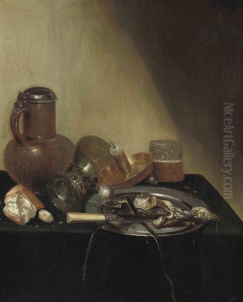 A 'pronk' Still Life, With A Herring On A Pewter Plate, Anearthenware Jug, A Loaf Of Bread, An Upturned Roemer, A Candleholder, And A Beer Glass On A Draped Table - view 1