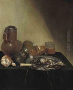 A 'pronk' Still Life, With A Herring On A Pewter Plate, Anearthenware Jug, A Loaf Of Bread, An Upturned Roemer, A Candleholder, And A Beer Glass On A Draped Table A 'pronk' Still Life, With A Herring On A Pewter Plate, Anearthenware Jug, A Loaf Of Bread, An Upturned Roemer, A Candleholder, And A Beer Glass On A Draped Table