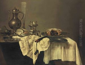 A Blackberry Pie, An Upturned Nautilus Cup, A Salt-cellar, A Facon-de-venise Flute Of Wine, A Silver Ewer, An Upturned Roemer,hazelnuts, A Silver Knife And A Knife-case by Willem Claesz. Heda