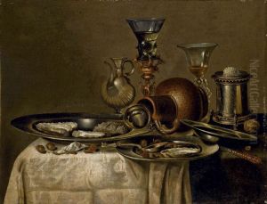 Roemer, Huitres Et Noisettes Dans Des Plats En Etain Poses Sur Une Able Drapee D'une Nappe Blanche by Willem Claesz. Heda