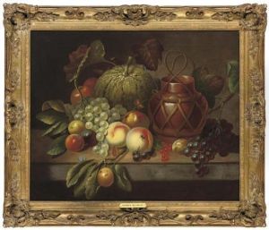 Peaches, Grapes, A Pumpkin, And An Earthenware Jug, With A Bee And Butterflies On A Stone Ledge by George Hedley