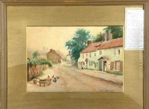 A Village Street Scene With Poultry And A Wheelbarrow In The Foreground