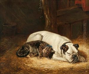 English Bulldog And Cat At Rest In A Stable by Ralph Hedley