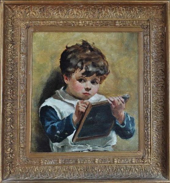 A Small Schoolboy Writing On A Slate - view 1
