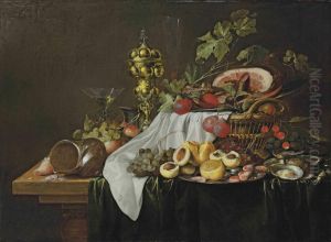 Shells, Shrimps, Peaches, A Facon-de-venise Wine Glass, A Pewtertankard, A Silver-gilt Cup And Cover, Shrimps, Nectarines And Alemon On A Pewter Plate, With Grapes, Oysters, A Bread Roll And Abasket Of Fruit Surmounted By A Pewter Plate With A Ham, On Apa by Heem De Jan Davidsz & Studio