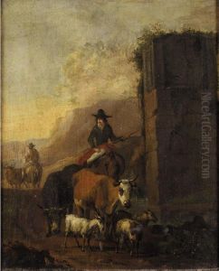 Drovers And Their Animals Beside A Ruin by Sebastian Heemskerck