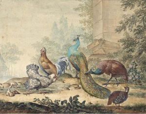 A Peacock And Peahen With Other Fowl In A Yard by Jabez Heenck
