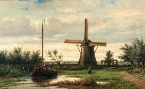 Polderlandschap Met Figuren Bij Een Molen