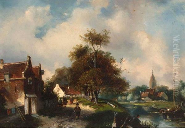 Figures In A Town Along A Canal - view 1
