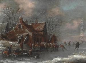 A Winter Landscape With Figures Skating On A Frozen River By A Village by Thomas Heeremans