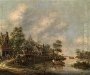 A River Landscape With A Village And A Ferry Boat
