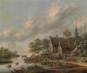 A River Landscape With A Village Fete Near The River Bank by Thomas Heeremans