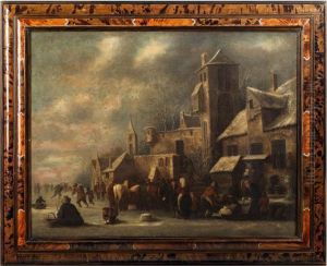 Marktleute Mit Pferden Vor Hausern Und Einem Kirchengebaude by Thomas Heeremans