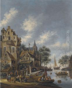 A Town On The Banks Of A River With Figures At The Waterside by Thomas Heeremans