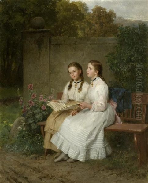 Two Girls Singing On A Bench In A Park - view 1