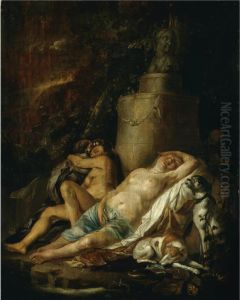 Diana And Her Nymphs Resting After The Hunt, Spied On By A Satyr by Hendrick Heerschop or Herschop