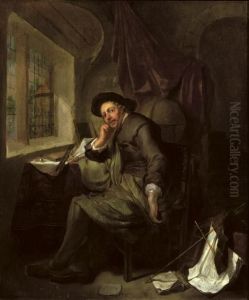 A Scholar Seated At His Writing Desk In An Interior by Hendrick Heerschop or Herschop