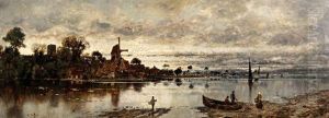 Continental River Town With Fisherfolk On The River Bank by Karl Heffner