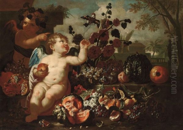 Natura Morta Di Frutta Con Due Putti Su Sfondo Di Giardino - view 1