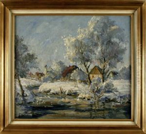 Stimmungsvolle Winterlandschaft Mit Einem Dorf Am Bachlauf by Hans Heider