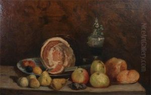 Still Life, Fruit, Melon, Apples, Pear And A Knife On A Ledge