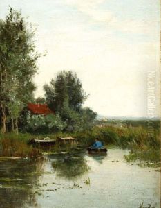 Landschap Met Boer In Bootje by Marinus Heijl