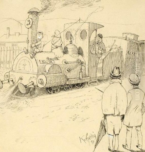 Dampflokomotive Eva. Am Schornstein Halt Sich Ein Kind Fest - view 1